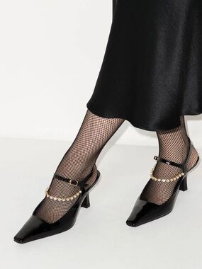 KHAITE “Sidney Pump” Black Patent Slingback Pumps with Gold Jewel Chain
